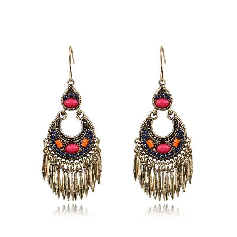 Retro Leaf Geometric Gemstone Earrings