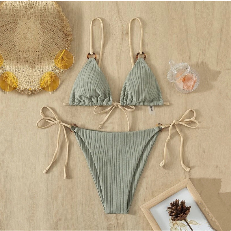 Solid Color Strap Bikini Two Swimsuits